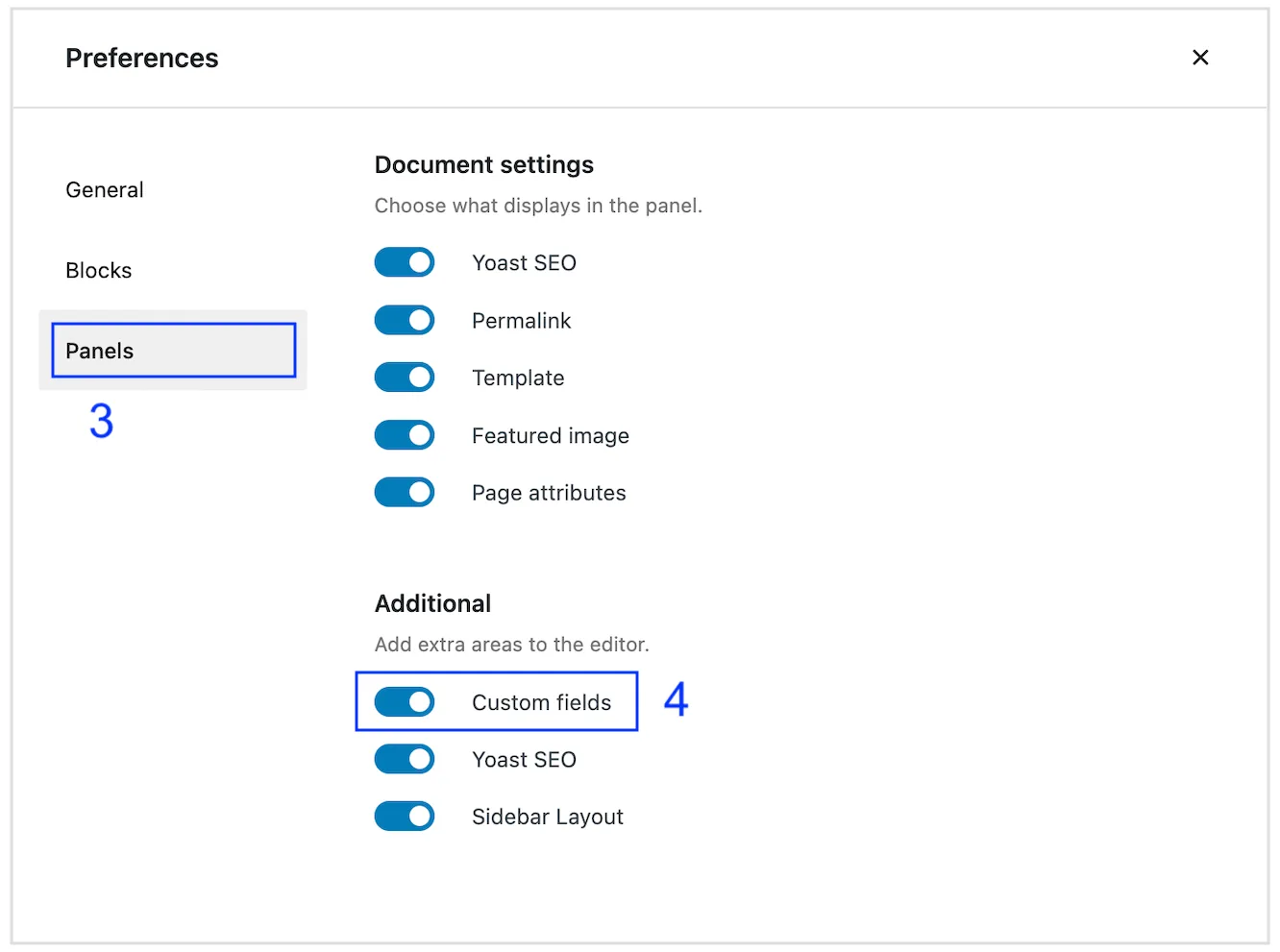 Custom fields in WordPress posts or page template wordpress-preferences-panel