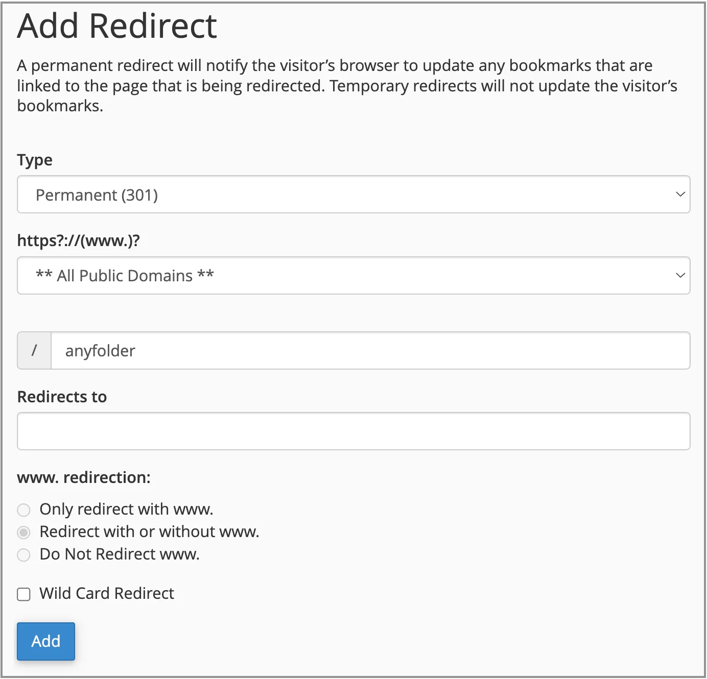 5 methods to redirect an old domain to a new domain cPanel-redirects-settings