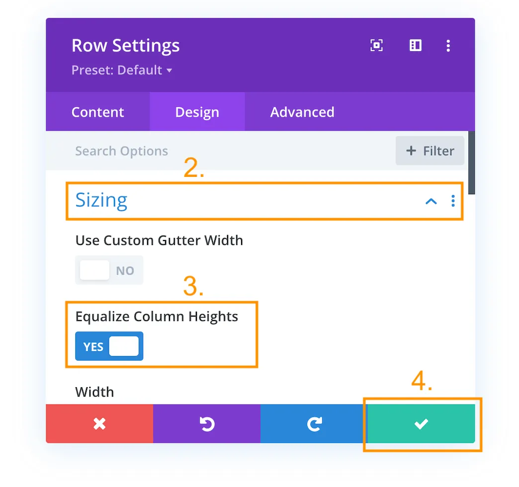 How to vertically centralize text or content in DIVI divi-row-design-settings-sizing