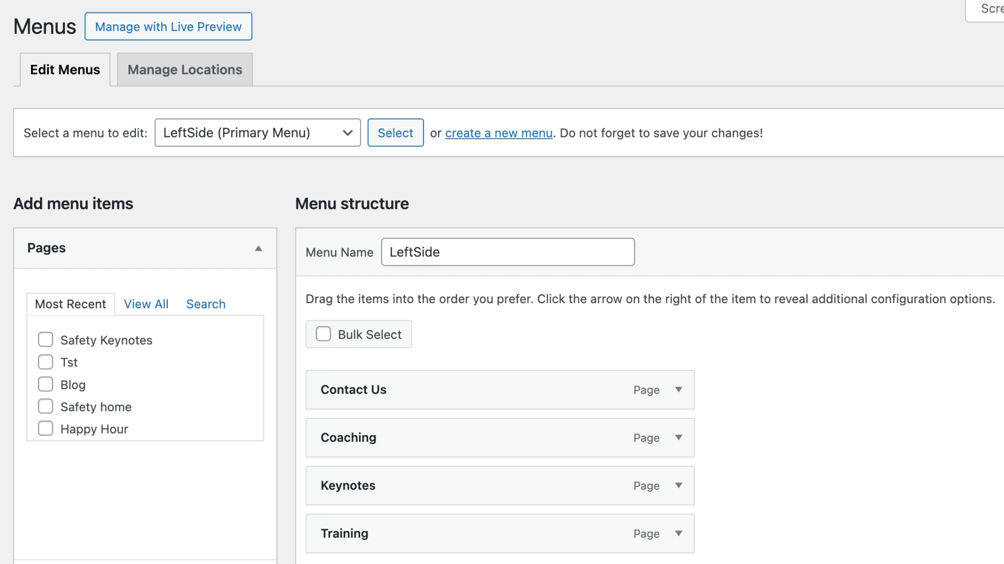 Create a conditional menu for WordPress website pages Left Side Primary