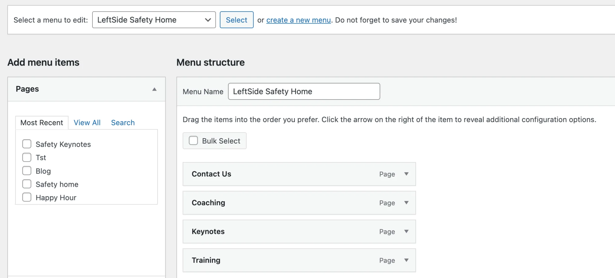 Create a conditional menu for WordPress website pages Left Side Safety Home