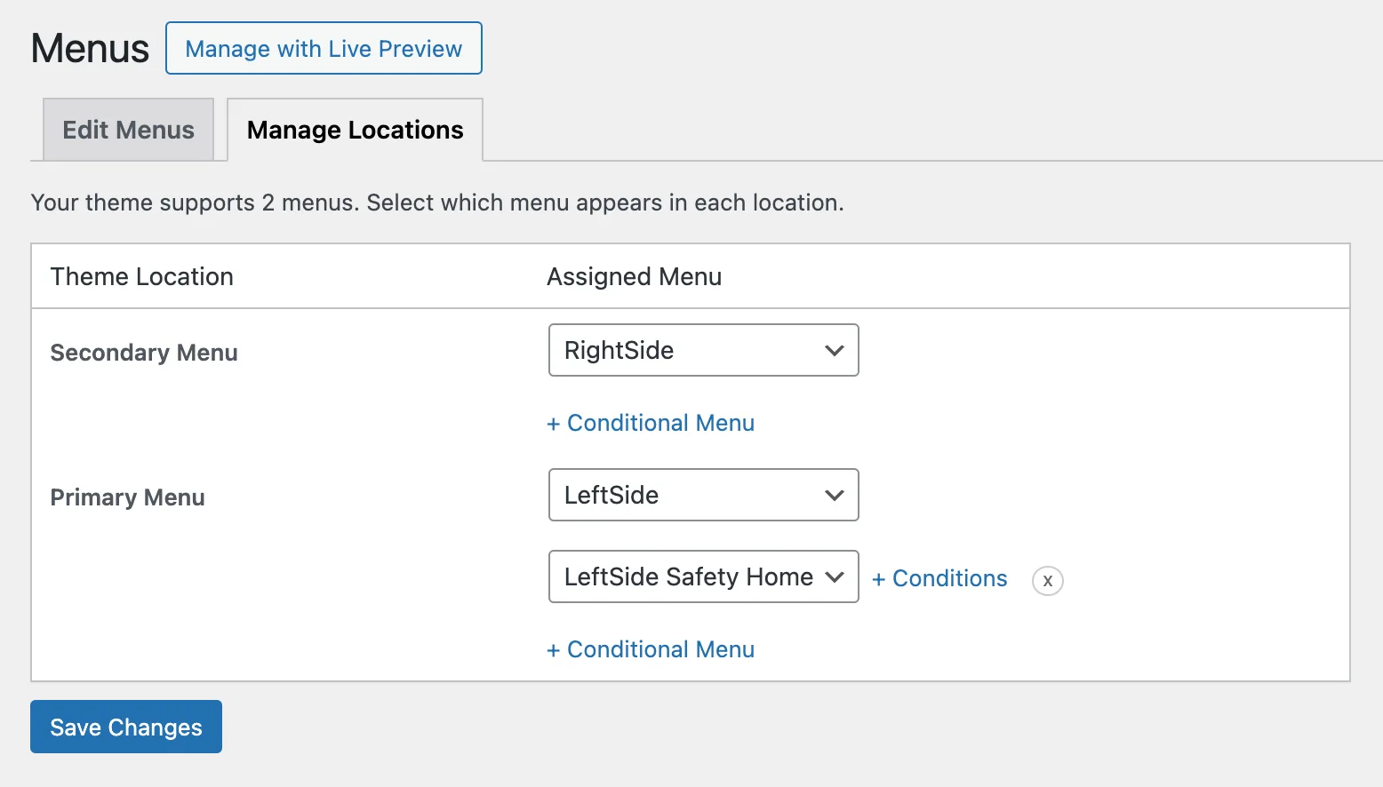 Create a conditional menu for WordPress website pages Menu location