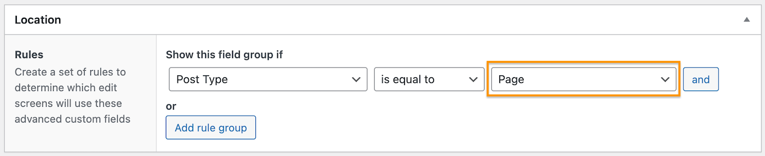How to use ACF Advanced custom fields plugin in WordPress ACF - set post type as page