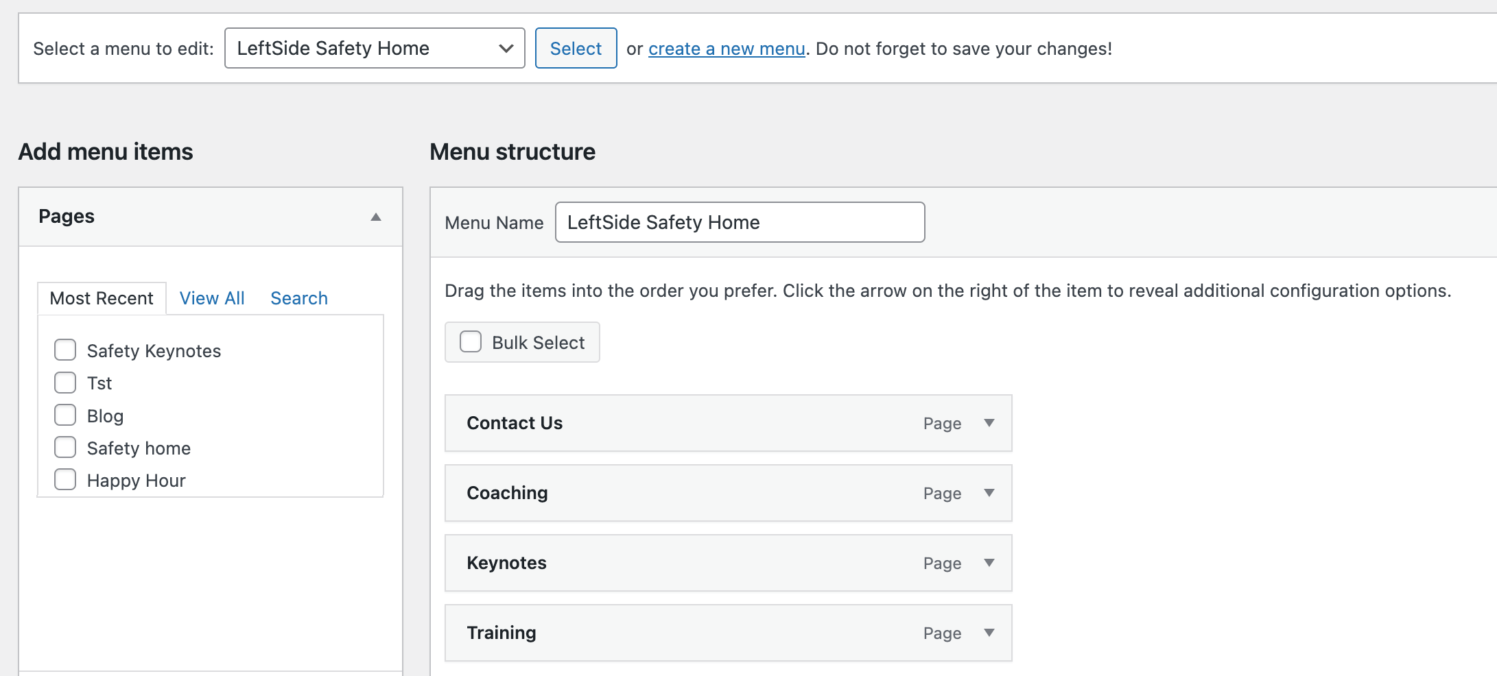 Create a conditional menu for WordPress website pages Left Side Safety Home