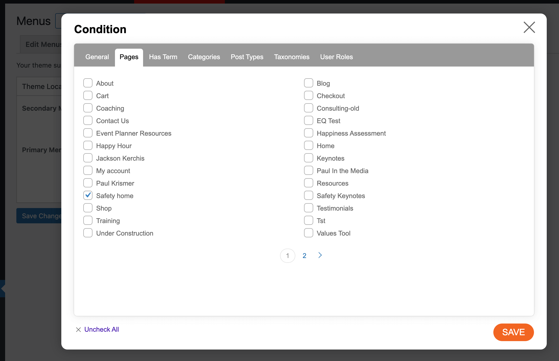 Create a conditional menu for WordPress website pages Select page